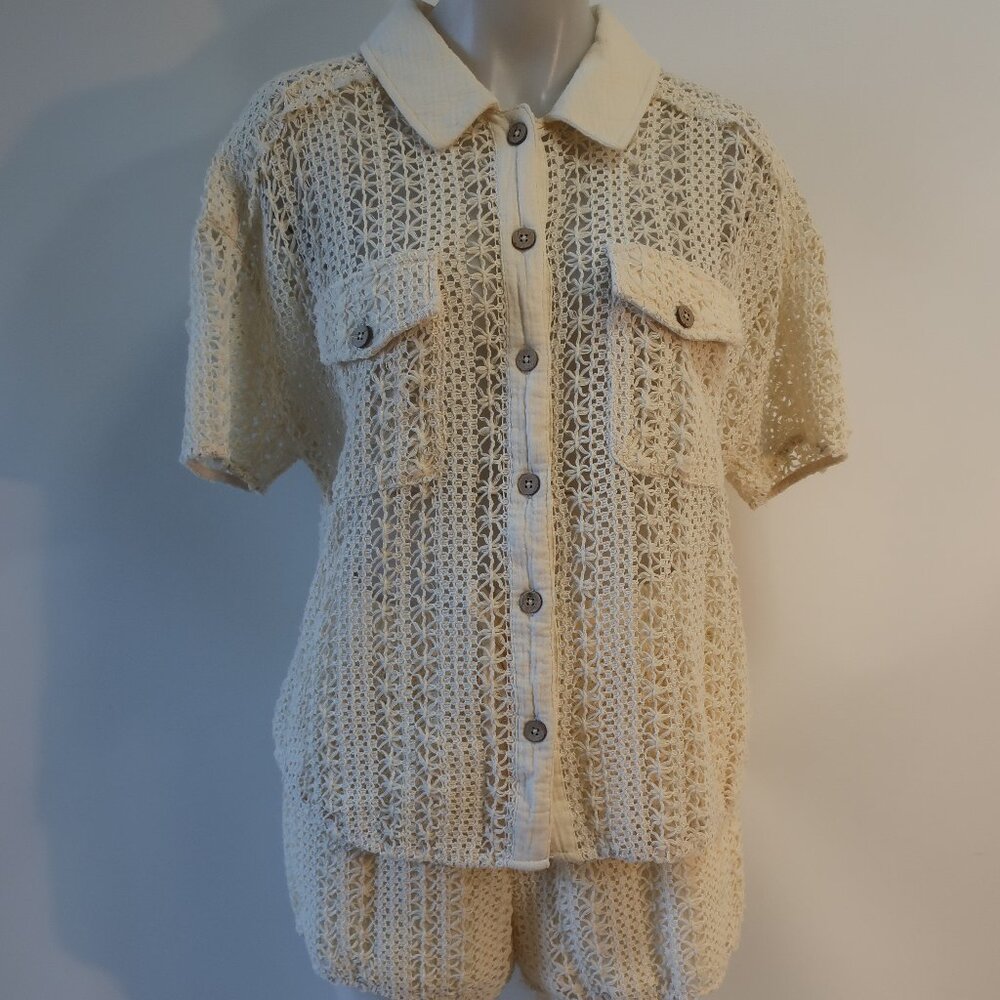 Women Benaar LA Jeiley Cream 2Pc Set Crochet Gauzy Contrast Collared Top Short M - Picture 4 of 13